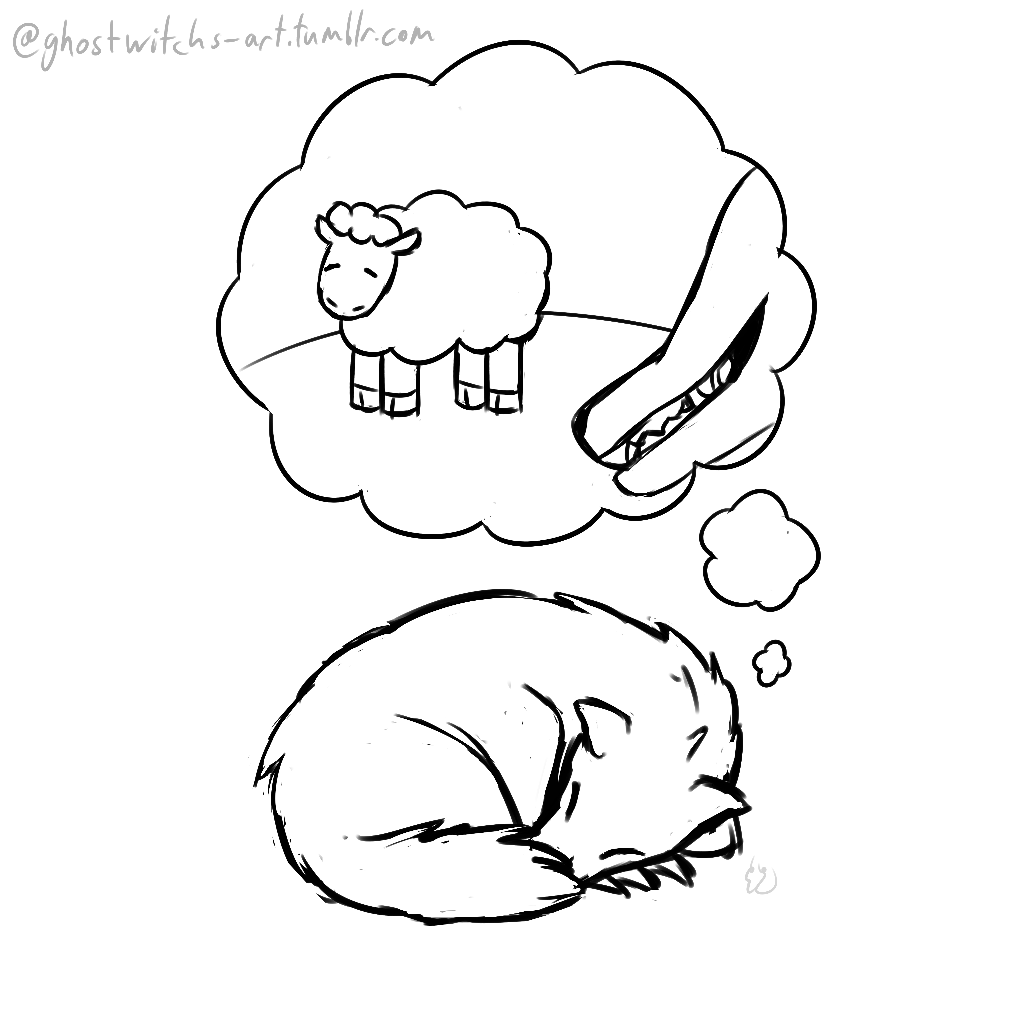 A sketch of Hunter, naked and curled up like a wolf. In her dream bubble, she is watching a sheep hungrily.